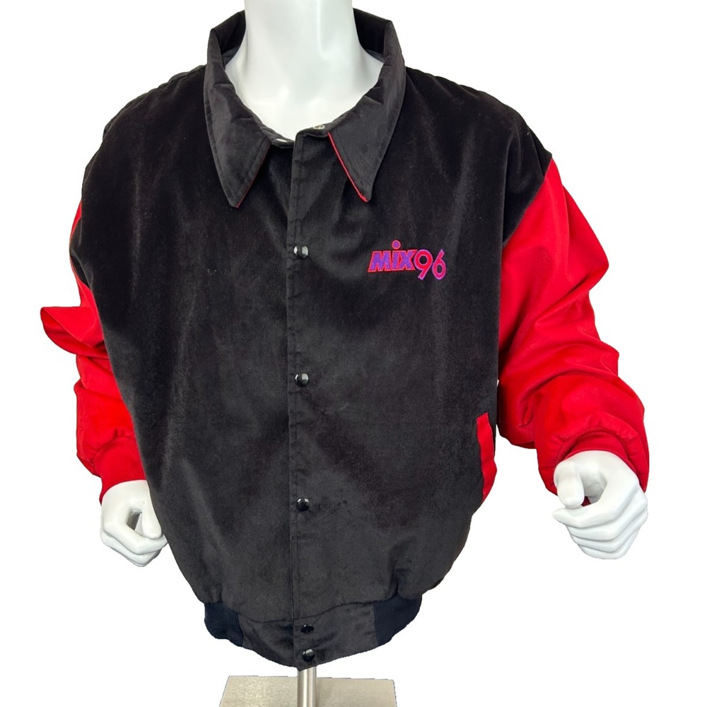 Vintage 80s DJ Mix 96 Radio Station Bomber Jacket Made USA Black Red XL EUC